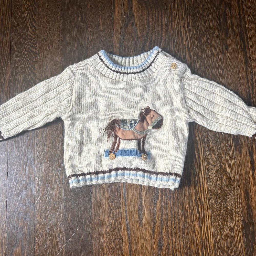 VTG B.t. Kids Baby Boys Sweater Rocking Horse White Blue 6-9 Months